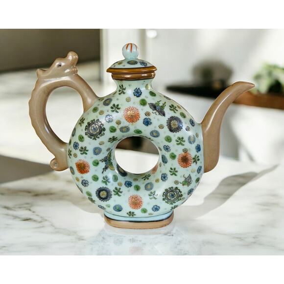 Vintage Chinese Donut Shaped Blue Floral Butterfly Porcelain Tea Pot with Dragon - Picture 1 of 16